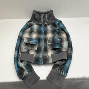 Y2K Scene Emo Urban Heritage Plaid Cropped Bomber Jacket Ribbed Waist Sz S